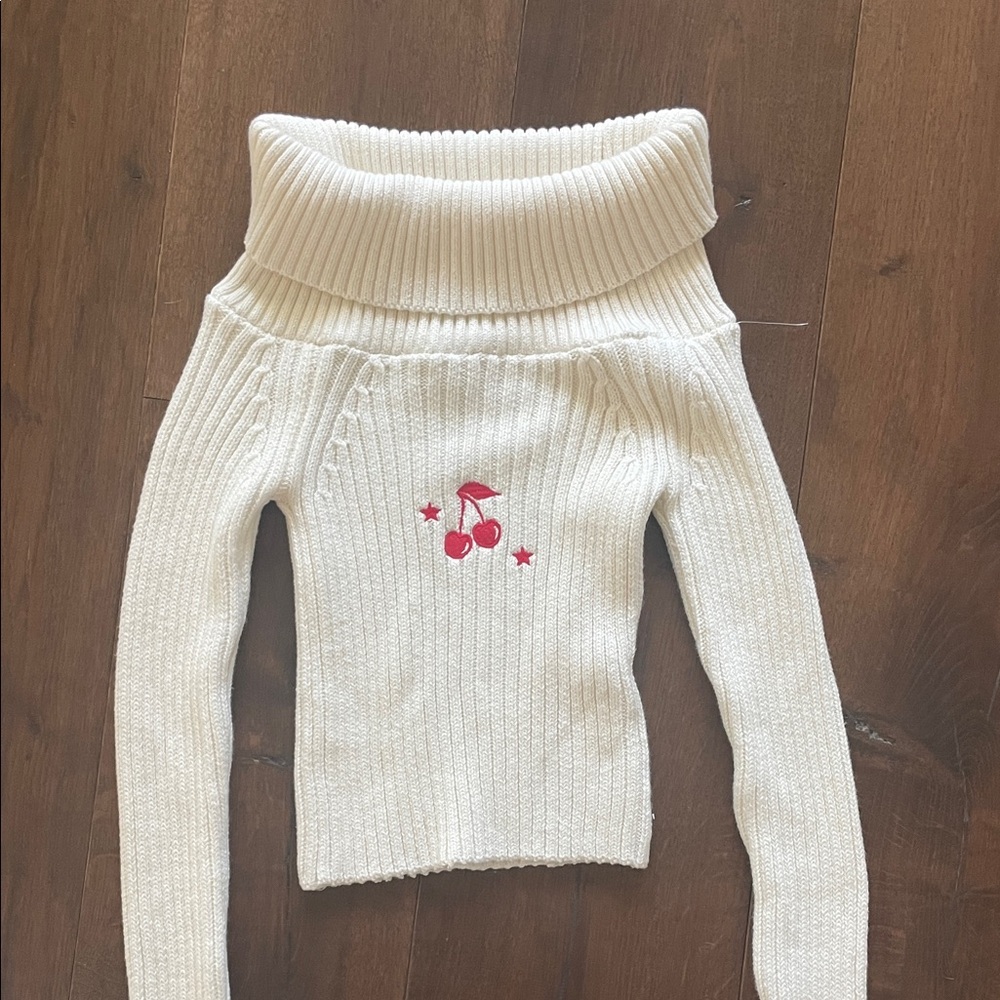Subdued Off-White Cowlneck Sweater with Cherry Embroidery